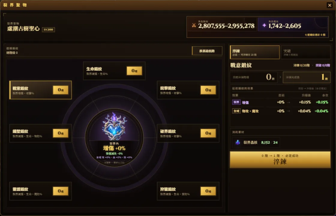 裂界聖物淬鍊介面